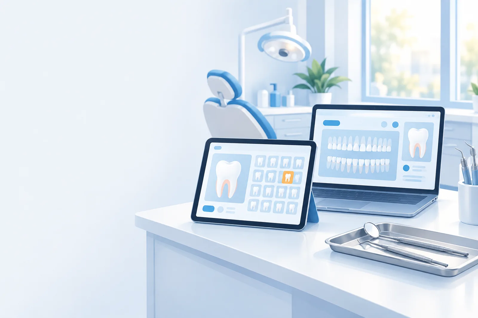 Illustration of a laptop showing a dental chart in a clinic