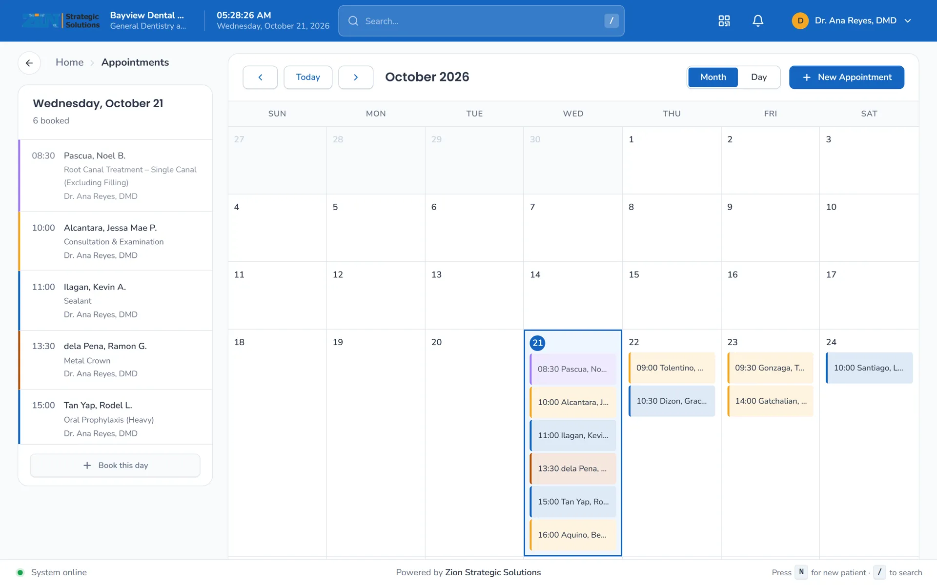 Appointments calendar for the day