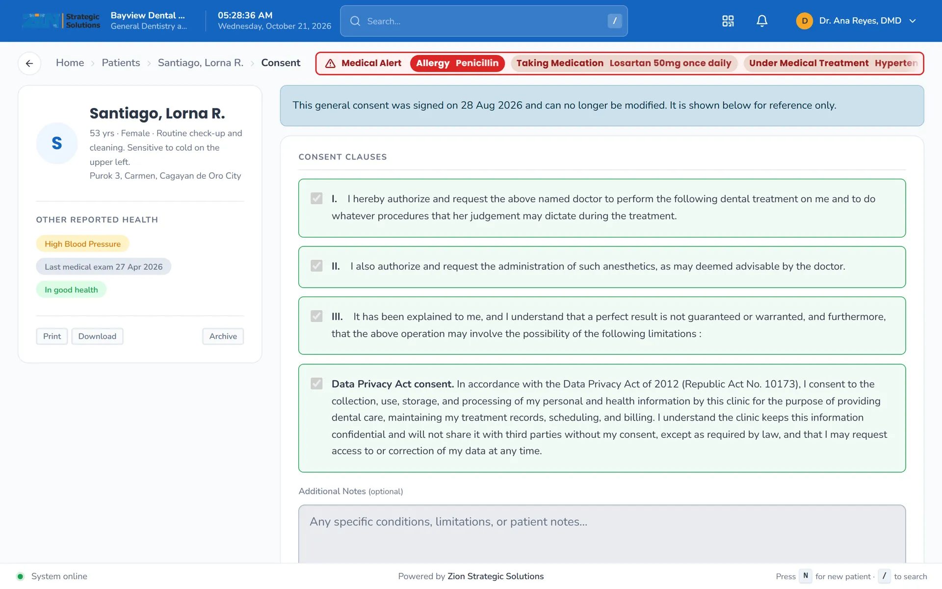 Consent screen with the patient's signature captured