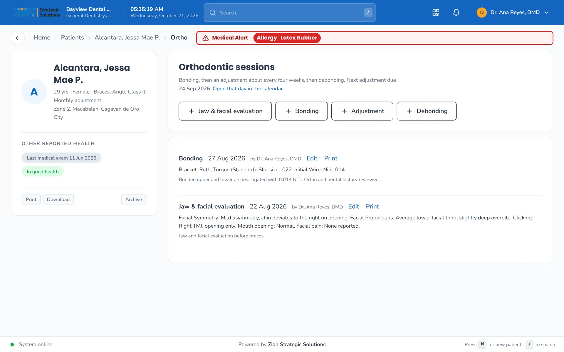 Orthodontic record with the patient's sessions and jaw and facial evaluation