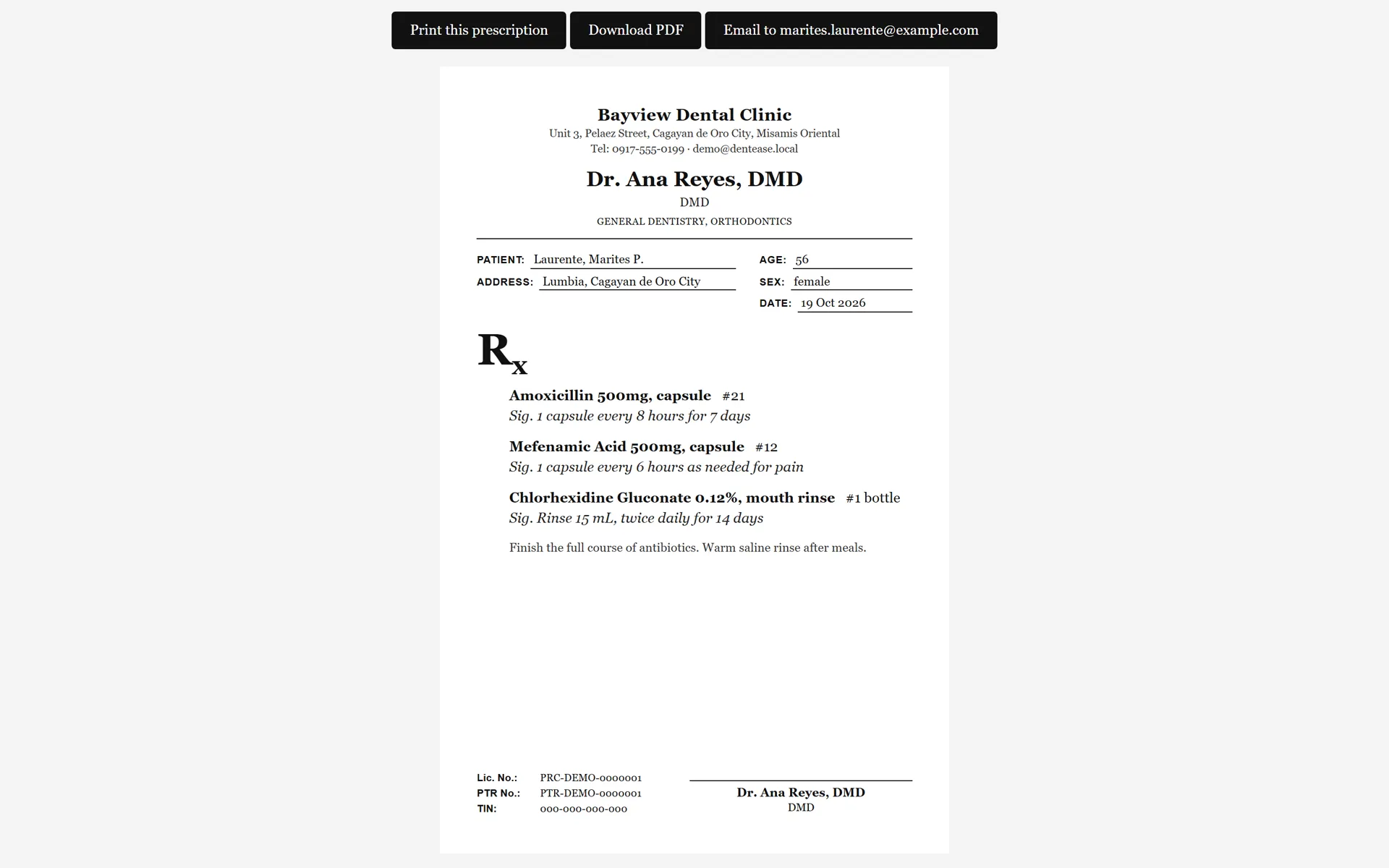 Prescription form ready to print on the clinic letterhead